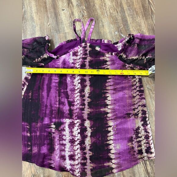 INC International Concepts Cold Shoulder Ruffle Halter Neck Purple Black Shirt - Picture 6 of 10